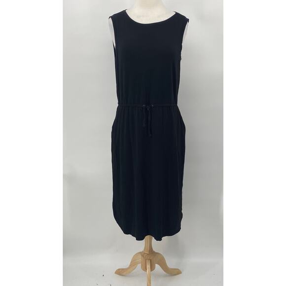 Eileen Fisher Midi Dress Jersey Knit Stretchy Sleeveless Cinched Waist Black M - Picture 2 of 9